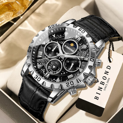 Montre-bracelet à quartz BINBOND authentique et précise pour homme, chronographe lumineux étanche de luxe avec bracelet en cuir.