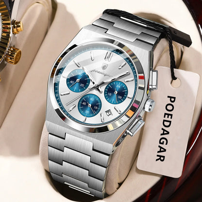 POEDAGAR herenhorloge – Luxe chronograaf van roestvrij staal, met datum, waterdicht en lichtgevend – Sportief quartz-polshorloge