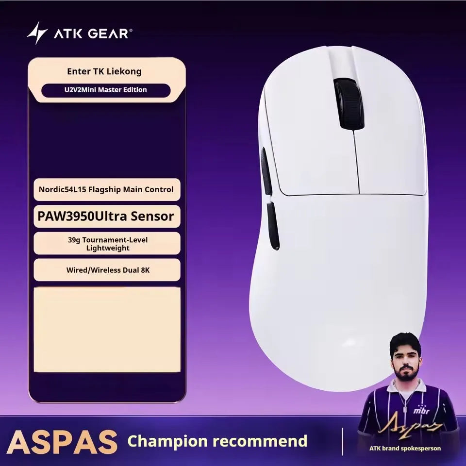 ATK U2 V2 Mini Ultimate Wireless Gaming Mouse, PAW3950 Ultra Sensor, 8KHz Polling Rate, Lightweight Tri-Mode Ergonomic Esports Mouse