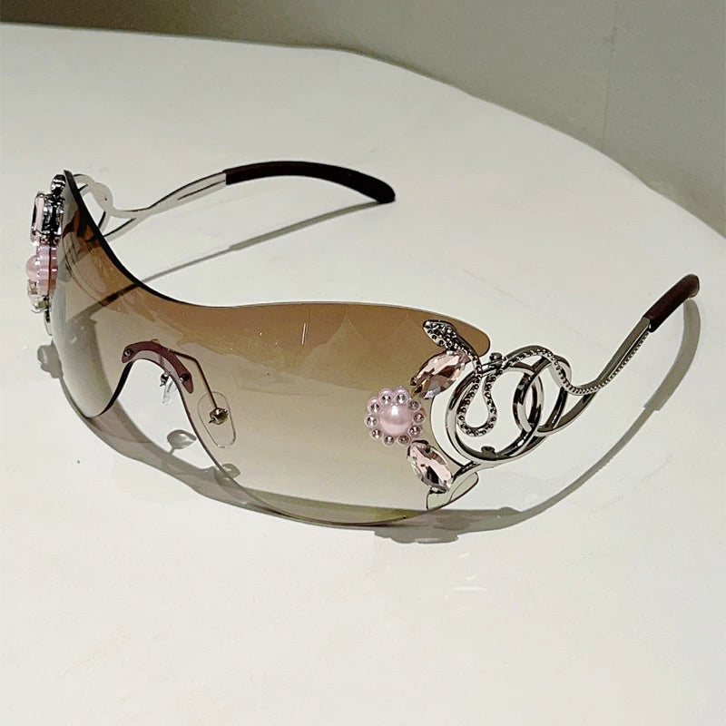 KAMMPT Rimless Y2k Sunglasses with Rhinestones Women Fashion Monoblock Outdoor Decor Shades Trendy Design Gradient Sun Glasses