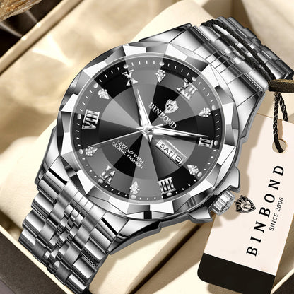 BINBOND Quarz-Herrenuhr – Luxuriöse, leuchtende und wasserdichte Armbanduhr mit automatischer Wochentags- und Datumsanzeige.