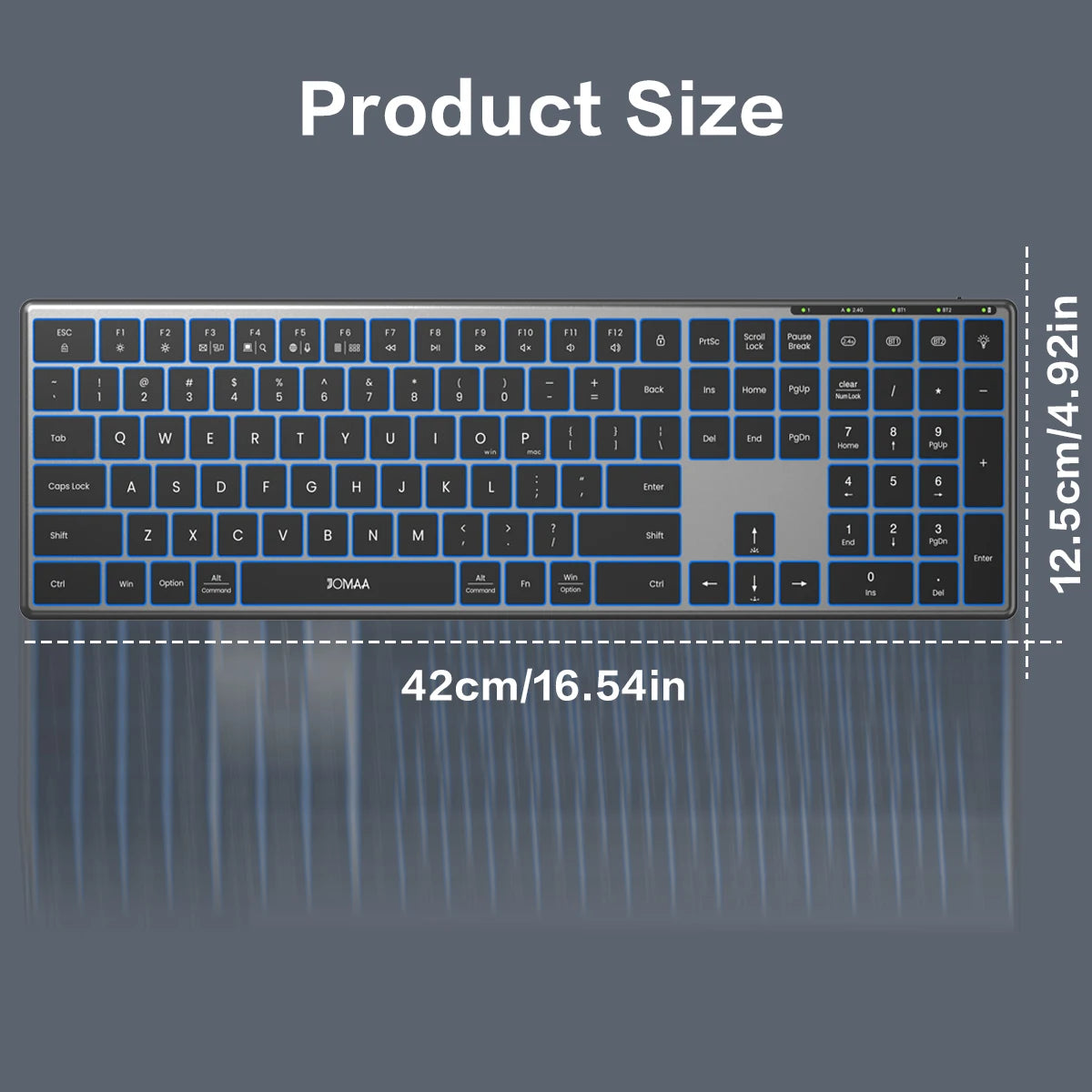 Jomaa Wireless Bluetooth Keyboard Multi-Device Full Size Wireless Backlight Keyboard with Number Pad, for Windows/PC/Laptop/Phone