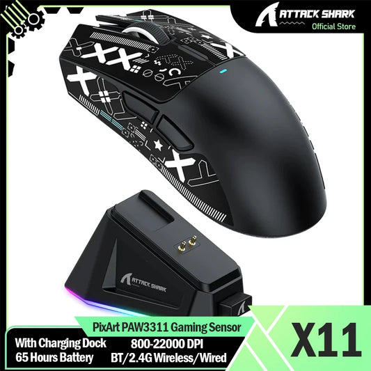 Mysz gamingowa bezprzewodowa ATTACK SHARK X11 ze stacją dokującą do ładowania, sensorem gamingowym PixArt PAW3311, BT/2.4G bezprzewodowa/przewodowa
