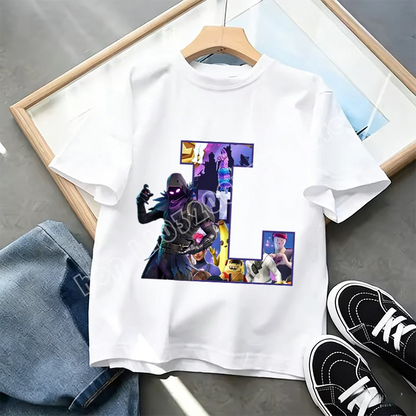 Тениска Fortnite A-Z Alphabet Print за деца, лятна бяла дреха, популярна тениска с анимационна игра, модерен ежедневен топ с къс ръкав, подарък