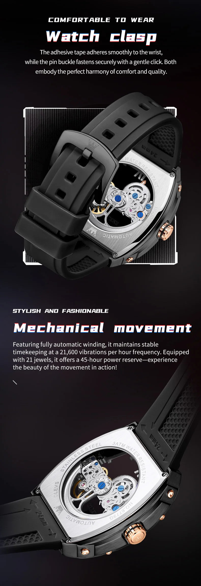 OLEVS 6779 Men's Watch Skeleton Mechanical Watch Fashion Business Sport Waterproof Luminous Silicone Strap Watches For Men