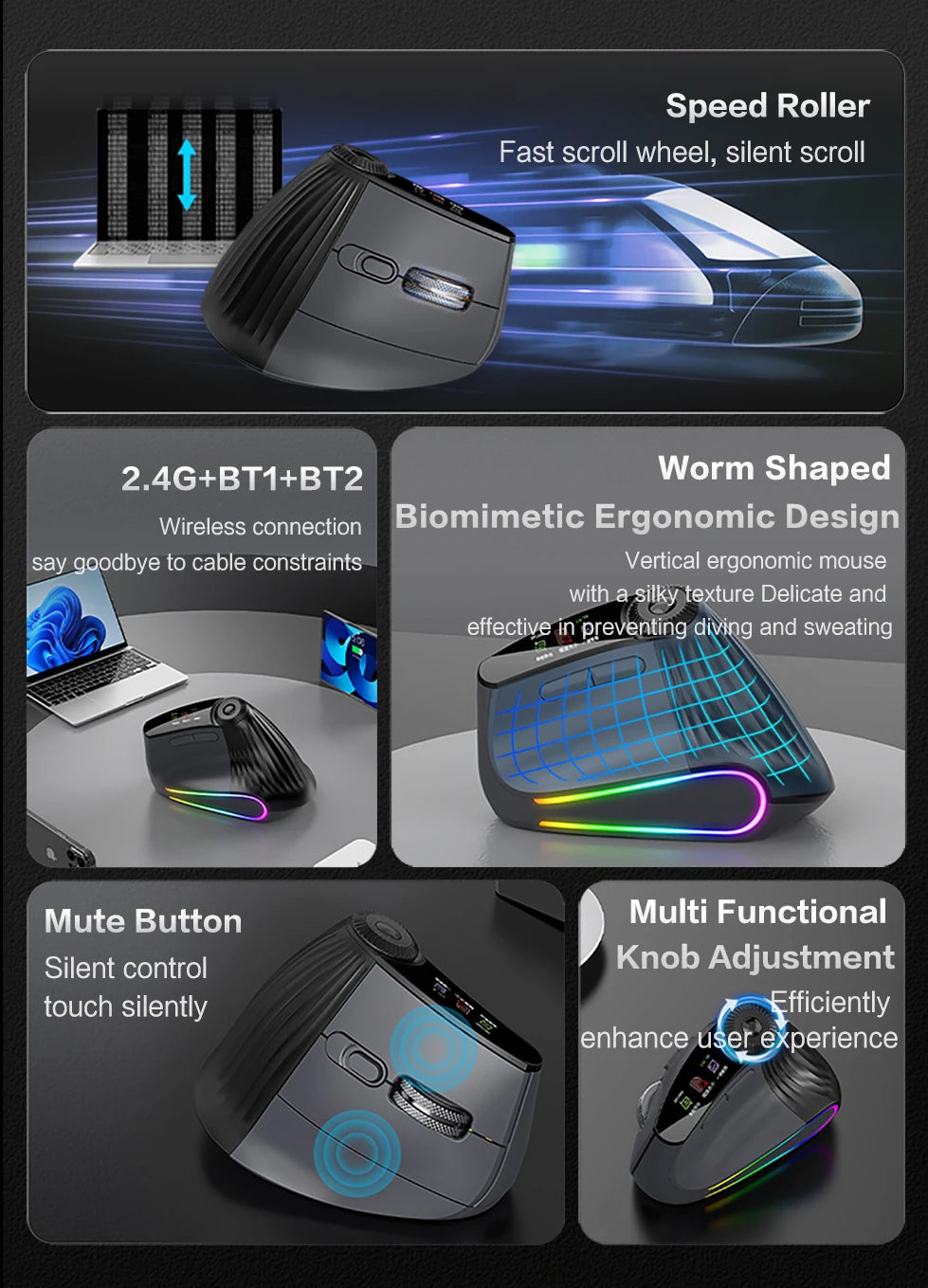 Jomaa RGB Φωτιζόμενο Ασύρματο Κάθετο Ποντίκι Speed Roller με Ρυθμιστικό Κουμπί Λειτουργιών, Bluetooth USB, Εργονομικό Ποντίκι με Αθόρυβο Κλικ