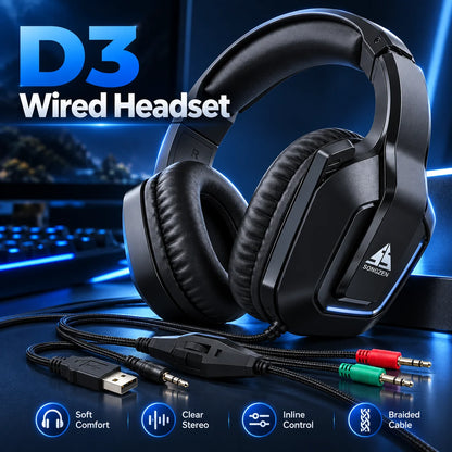 Casque de jeu D3, casque stéréo filaire à porter sur l’oreille, confortable, sans microphone, pour PC, ordinateur portable, écoute de musique et jeux.