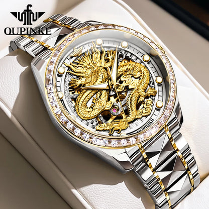 OUPINKE Herrenarmbanduhr, Top-Marke, Luxus, Gold, Wolframstahl, originale automatische mechanische Armbanduhr mit Zifferblatt im Drachenmuster