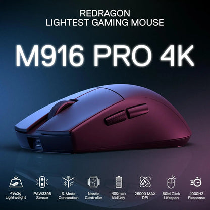 Ratón gaming inalámbrico Redragon M916 PRO de 3 modos, tasa de sondeo Hype-Speed 4K, ratón gamer ultraligero de 49G y 26K DPI