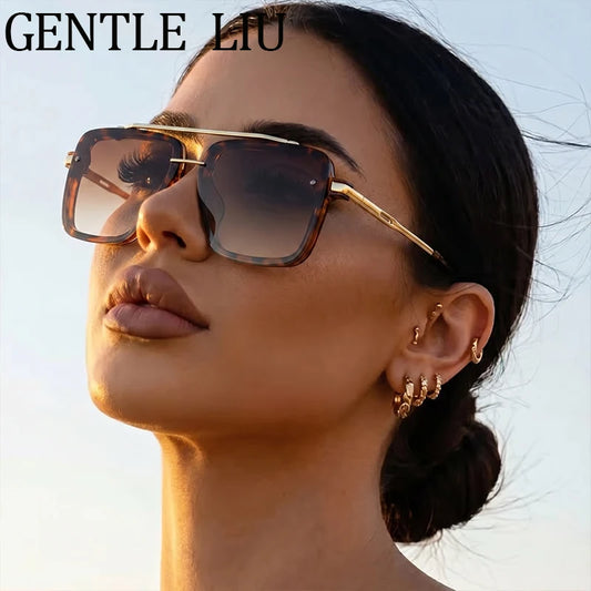 Oversized Square Double Bridge Sunglasses Women 2026 Luxury Brand Vintage Punk Metal Frame Sun Glasses Outdoor Eyewear Shades