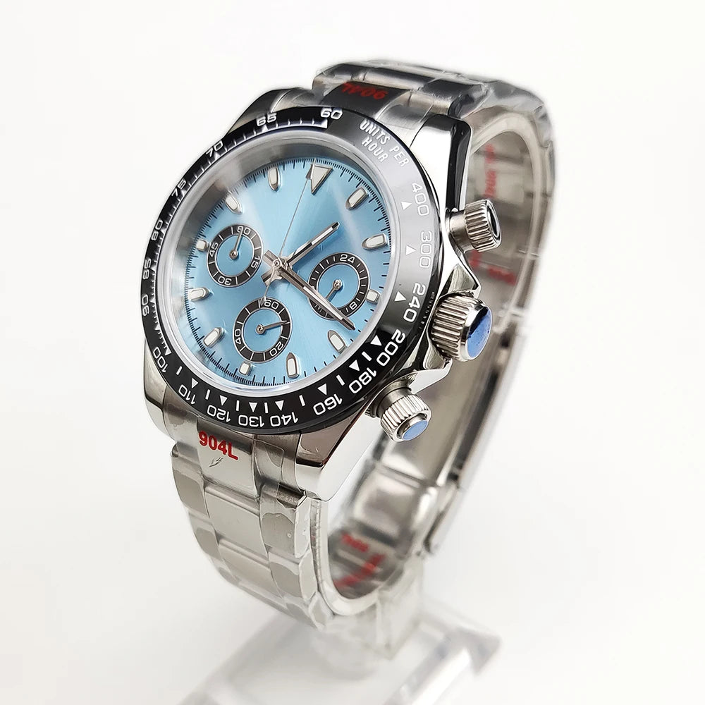 20 Color Business 39mm Quartz Watch Men's Timing Sapphire Crystal VK63 Movement Calendar Luminous Blue Dial Stainless Steel Strap
