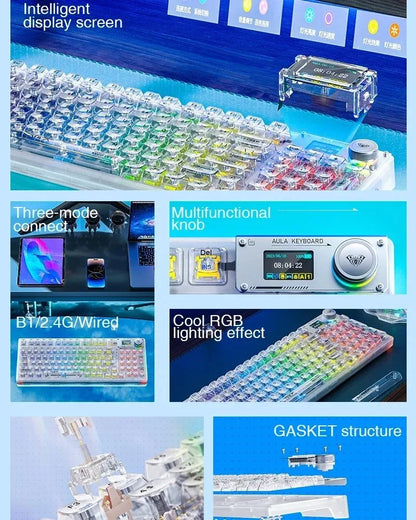 AULA F98PRO Wireless Mechanical Keyboard Transparent Keycaps RGB Backlit Custom 2.4G Hot Swappable Gaming Keyboard With Screem