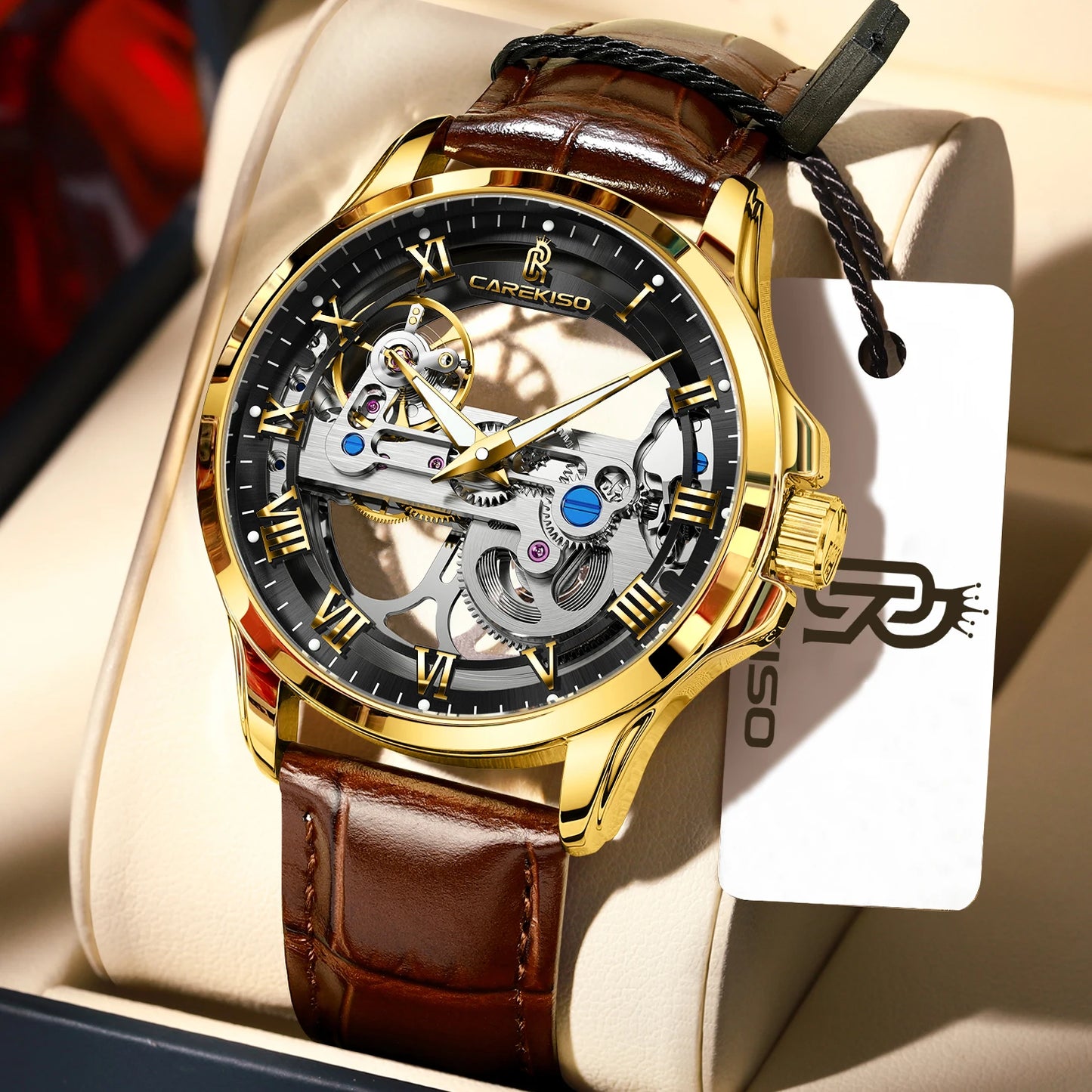 CAREKISO Fashion Men's Watches Original Mechanical Leather Men Clock Waterproof Hollow Tourbillon Automatic Man Watch Reloj Male