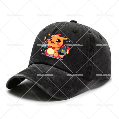 Kawaii Pokemons Adult Washed Baseball Cap Pikachu Mewtwo Bulbasaur Peak Cap Cute Cartoon Men Women Travel Sunshade Beach Sunhat