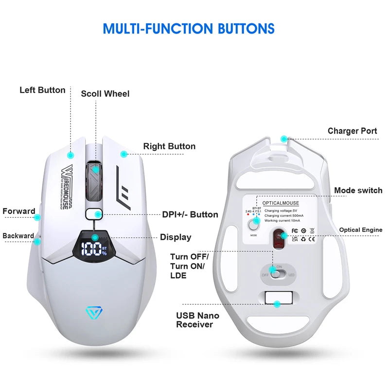 Ασύρματο ποντίκι Bluetooth διπλής λειτουργίας με έξυπνη οθόνη, αθόρυβη φόρτιση, για γραφείο, gaming και tablet, φορητό και καθολικής συμβατότητας