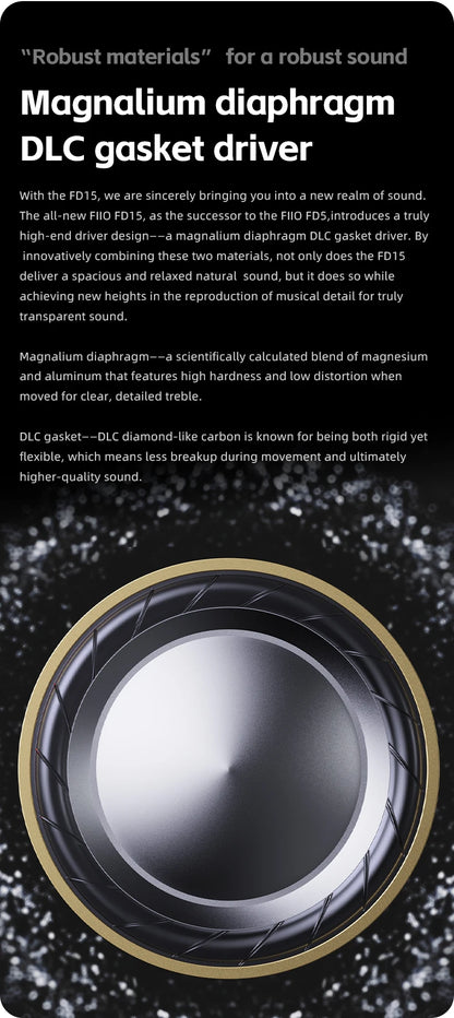 FiiO FD15 Hi-Res Dynamic Driver In-Ear Earphones, 13.8mm DLC Wired HiFi Earbuds with Magnalium Driver, MMCX Detachable Cable, Audiophile In-Ear Monitors