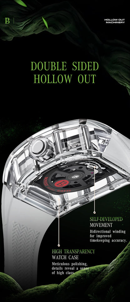 BONEST GATTI Men Mechanical Watch Sapphire Crystal Double Sided Hollow Out Luminous 30M Waterproof Snake Pattern Dial Wristwatch