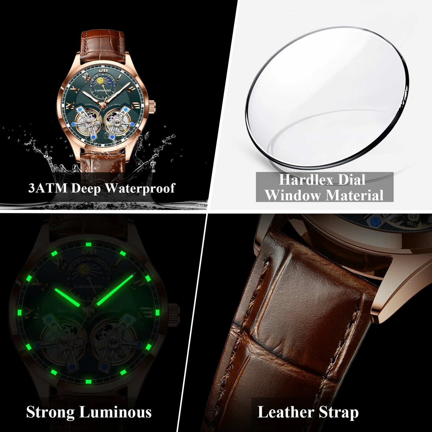 CAREKISO Fashion Men's Clock Double Hollow Tourbillon Automatic Mechanical Man Watch Waterproof Luminous Leather Men's Watches+Box