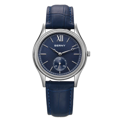 BERNY Men's Watches Luxury Classic Stylish Dress Quartz Watch Slim Stainless Steel Case Elegance Leather Strap Wristwatch
