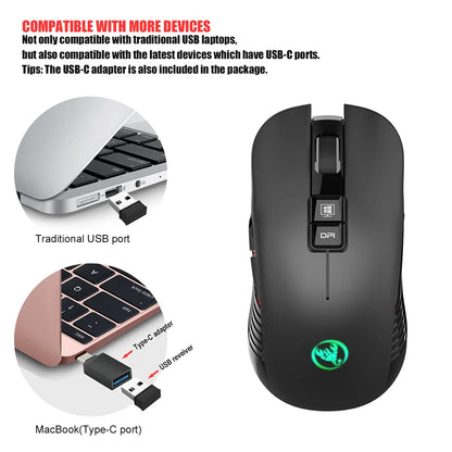 2.4G USB-C bezdrátová myš, dobíjecí herní myš 3600DPI, 7 tlačítek, Type-C, tiché myši pro Macbook, notebook, PC, herní myš k počítači
