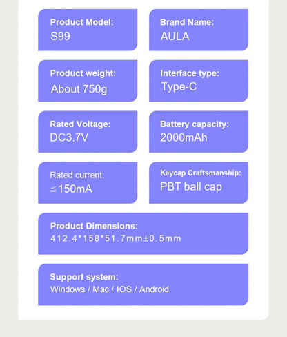 AULA S99 독거미 키보드 Membrane KeyboardWireless Bluetooth Wired Three Mode RGB Gamer Keyboards Office Typing Mute 99 Keys