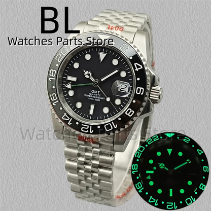 BLIGER 40mm 515 24H GMT Men's Watch Stainless Steel Clasp Luminous Quartz Movement Ceramic Bezel 10Bar Waterproof Sapphire Glass
