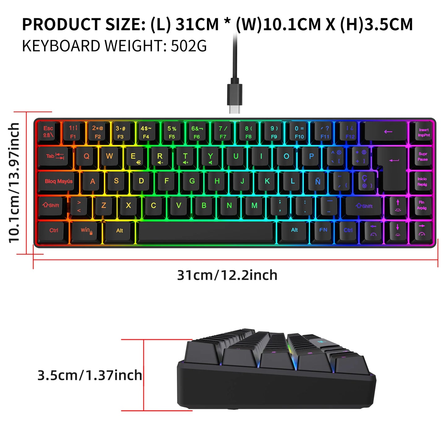 Offerta imperdibile! Tastiera gaming cablata spagnola a 69 tasti con retroilluminazione RGB, design compatto 68%, un accessorio indispensabile per professionisti e gamer