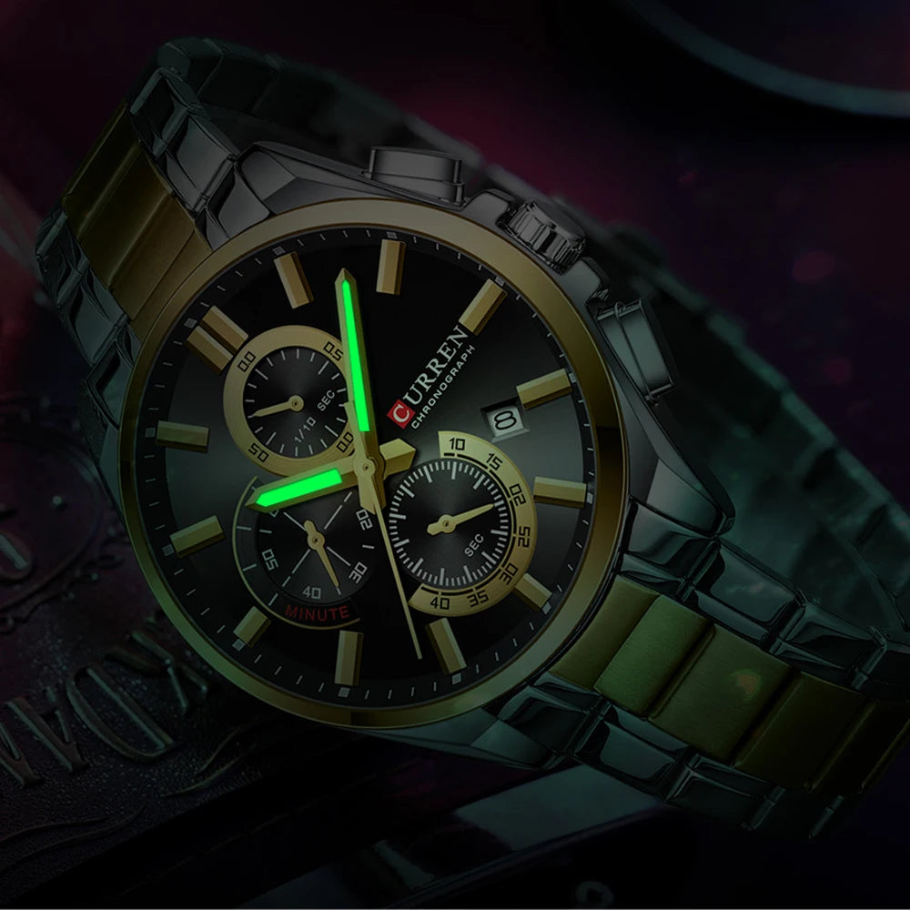 CURREN Men's Stainless Steel Chronograph Watches with Luminous Hands,Triple Sub-Dials Auto Date Fashion Design Quartz Wristwatch