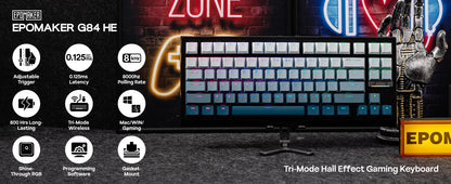 EPOMAKER G84 HE 75% ANSI US Layout Gasket Wired/BT/2.4Ghz Wireless Hall Effect Magnetic Mechanical Keyboard 8K Polling & 8000mAh
