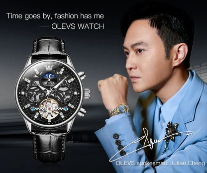 OLEVS 6658 Automatic Mechanical Watch for Man Leather Strap Waterproof Moon Phase Business Dress Men's Watches