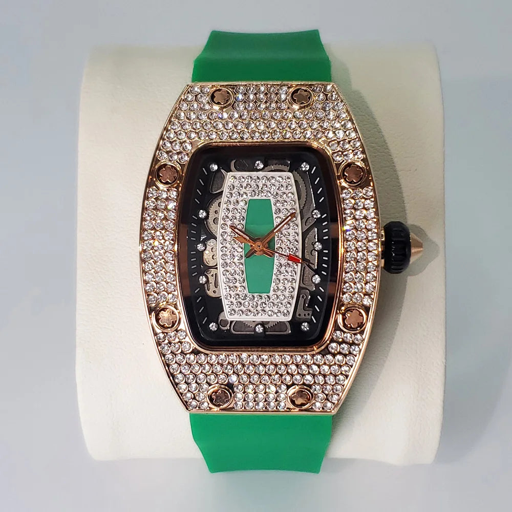 Luxury Diamond Watch For Women Elegant Tonneau Original Design Watches Fashion Ice Out Sport Rubber Strap Waterproof Mille Clock