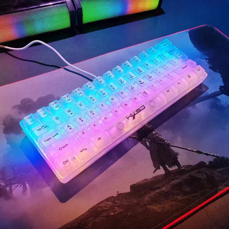 61-key fully transparent wired gaming keyboard with RGB backlight, ergonomic design, portable and ultra-compact 60% mini film ke