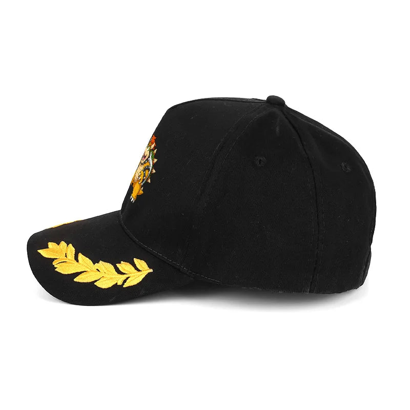 Bowser Embroidered Baseball Cap Black with Yellow Laurel Wreath Design Classic Adjustable Hat for Fans of Super Mario Series