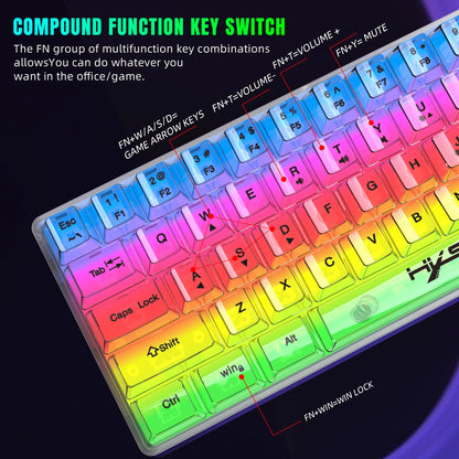 Teclado gaming transparente con cable HXSJ 60%, retroiluminación RGB, ultracompacto, resistente al agua, teclado compacto pequeño de 61 teclas para PC/Mac