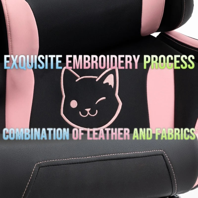 Cuki gamer szék macskafülekkel, lábtartóval, rózsaszín kawaii számítógépes szék, ergonomikus, magas háttámlás gamer ülés macskamancsos deréktámasszal