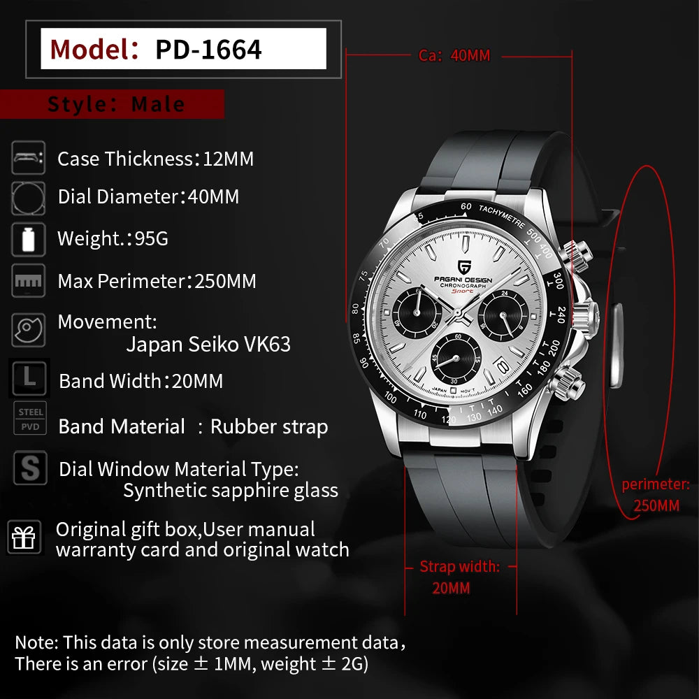 PAGANI DESIGN 1664 Luxury Automatic Mechanical Men's Watch VK63 movement AR Sapphire Crystal Rubber 100m Waterproof Men's Watch