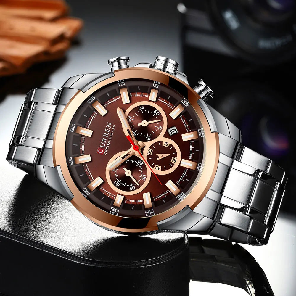 CURREN Chronographenuhr für Herren, großes Zifferblatt (48 mm), Edelstahlarmband, drei Hilfszifferblätter, Quarz-Sportarmbanduhr, luxuriöser Stil
