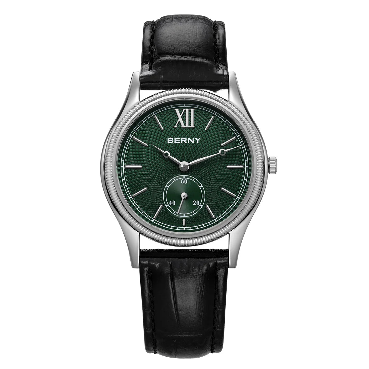 BERNY Watches for Men Luxury Slim Classic Stylish Dress Quartz Watch Stainless Steel Case Elegance Leather Band Wristwatch