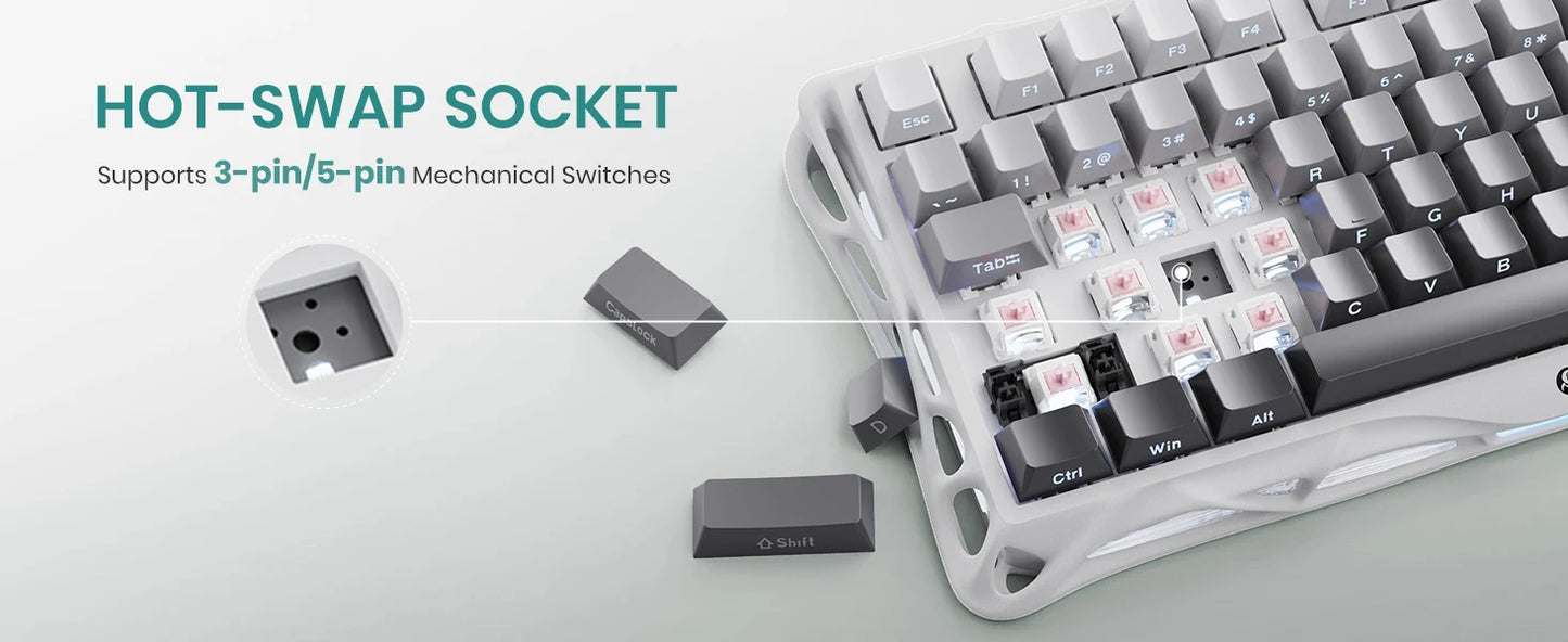 GravaStar Mercury K1 75% Wireless Mechanical Gaming Keyboard, Aluminum Alloy Exoskeleton Design, RGB Backlit，Hot-Swap Socket