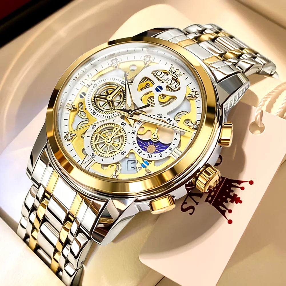 OLEVS Herrenuhr – Luxusmodell, wasserdicht, Quarzwerk, Skelett-Design, 24-Stunden-Anzeige (Tag/Nacht), goldfarben