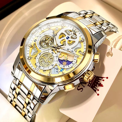 OLEVS Herrenuhr – Luxusmodell, wasserdicht, Quarzwerk, Skelett-Design, 24-Stunden-Anzeige (Tag/Nacht), goldfarben