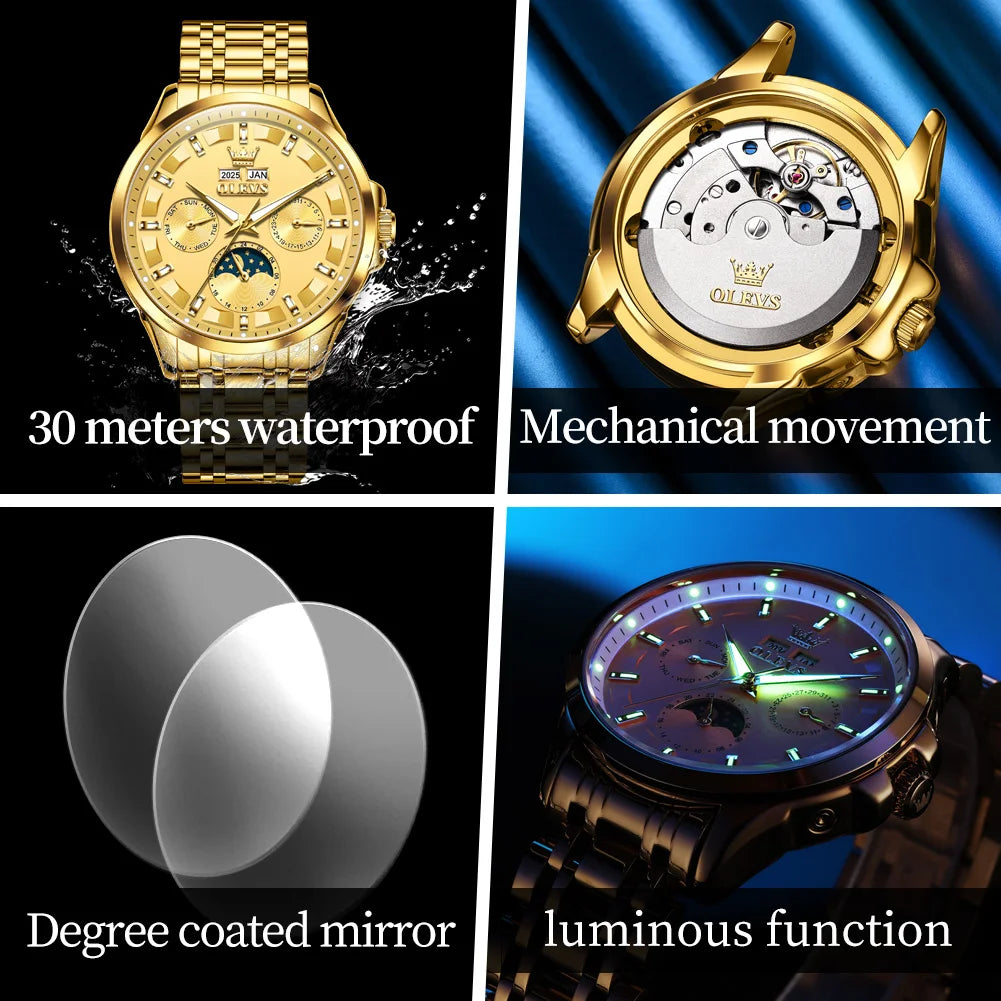 OLEVS 7070 Automatic Men's Watches Luxury Multi functional  Perpetual Calendar Moon Phase Luminous Mechanical Wristwatch For Man