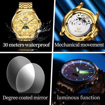 OLEVS 7070 Automatic Men's Watches Luxury Multi functional  Perpetual Calendar Moon Phase Luminous Mechanical Wristwatch For Man