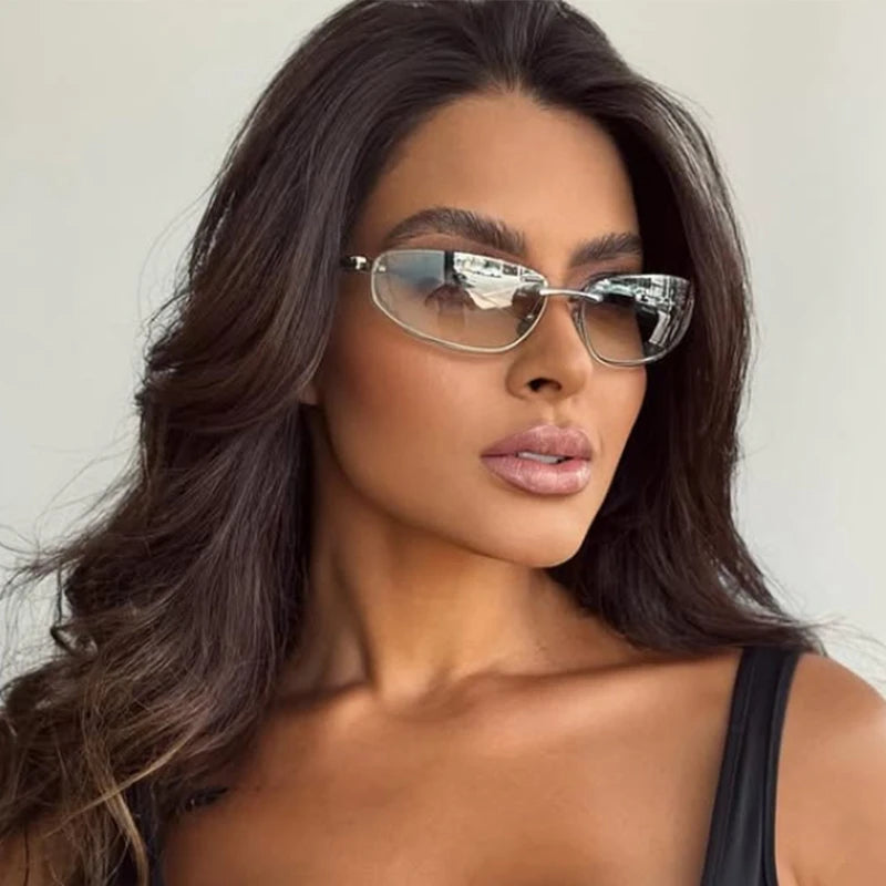 Gradient Oval Frameless Women's Sunglasses High Quality Luxury Brand Y2k Rimless Glasses Women High-end Punk Popular Shades UV