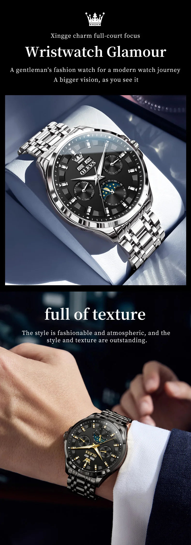 OLEVS 7070 Automatic Men's Watches Luxury Multi functional  Perpetual Calendar Moon Phase Luminous Mechanical Wristwatch For Man