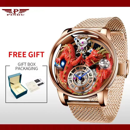 PINDU Design Celestial Body Series Traditionnelle Artisanat Three Dimensional Dragon Men Watch Curved Mirror Transparent Globe