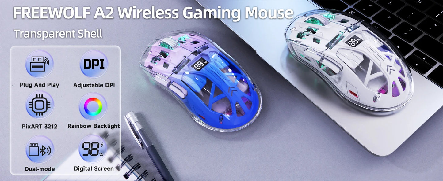 A2 Transparent Wireless Gaming Mouse, BT 5.0/2.4G PC Rechargeable RGB Mice with Digital Screen, PixArt 3212, 5 Adjustable DPI