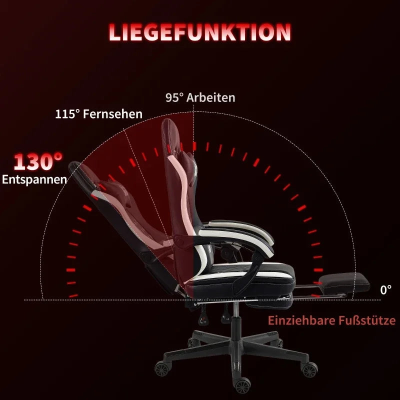 Ergonomic Gaming Chair with Footrest, Adjustable Reclining Computer Chair with Headrest & Lumbar Support, Faux Leather Swivel Gamer Chair