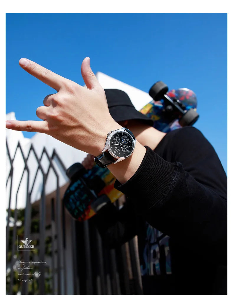 OUPINKE 3189 Classic Men's Watch Leather Strap Waterproof Moon phase Top Brand Automatic Mechanical Men's Wristwatch