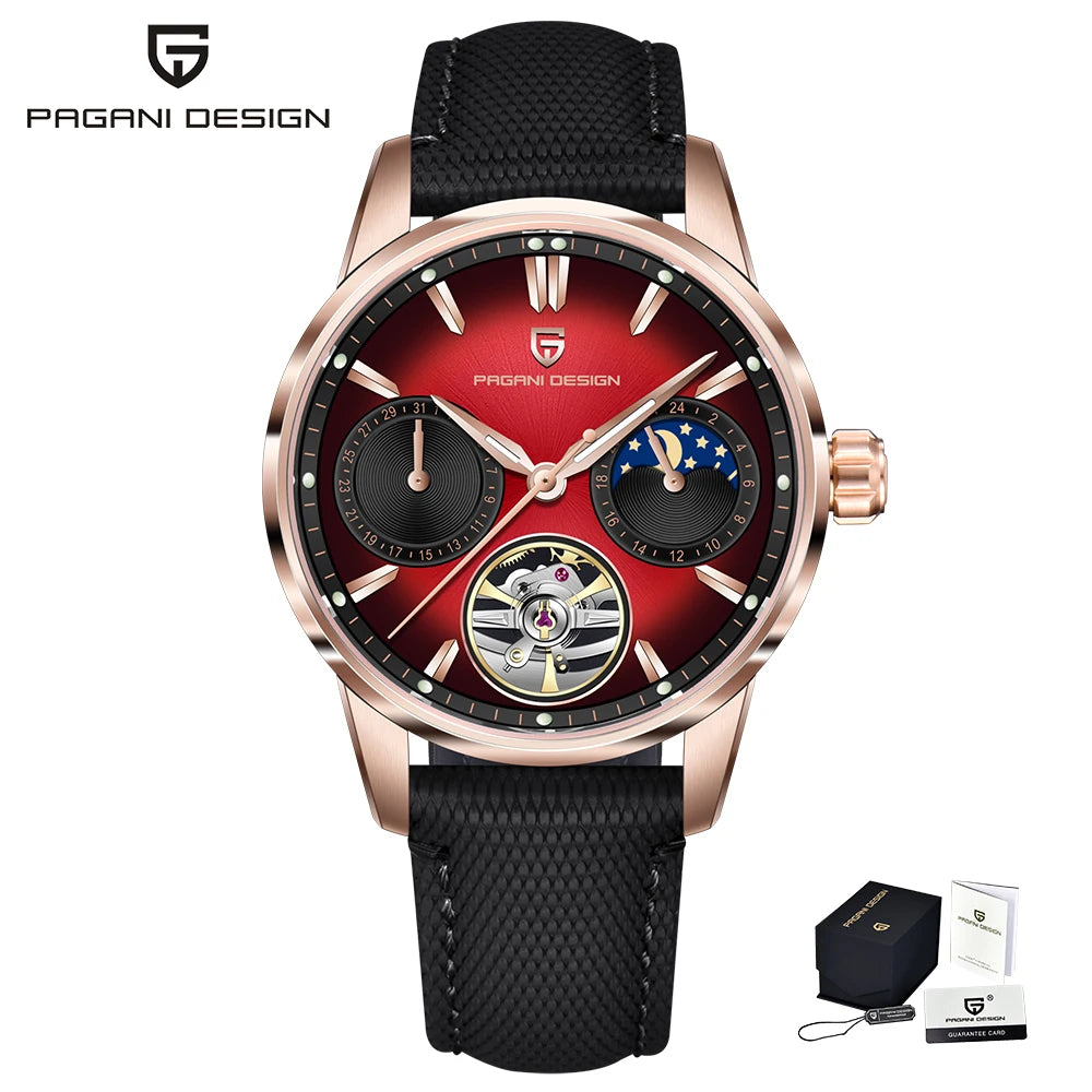 PAGANI DESIGN – Mechanische Luxusuhr für Herren, 41 mm, Saphirglas, Lederarmband, wasserdicht, Pilotenstil, mit Tourbillon und Mondphase